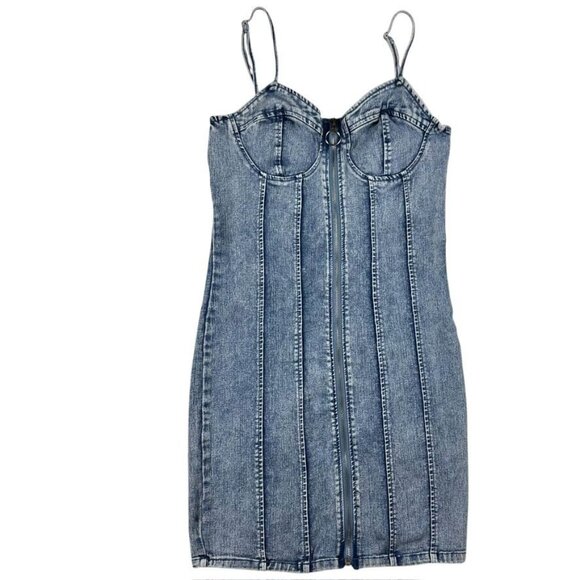 Denim Corset-Style Mini Dress W/ Front Zipper Closure By Iris Size L - Picture 14 of 14
